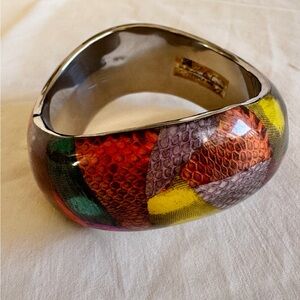Vintage multi-color snakeskin with a stainless steel  & abstract Bangle Bracelet